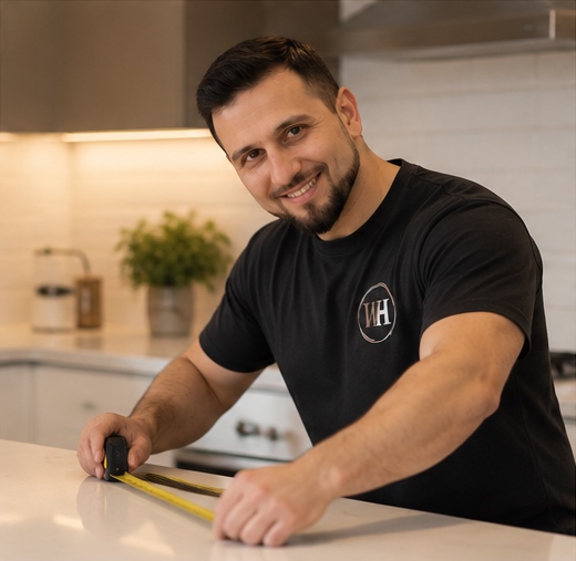 Loghman, founder of Westhand Reno Projects, measuring in a kitchen